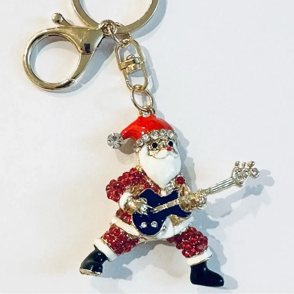 Santa Claus Playing Guitar Metal Keychain Christmas